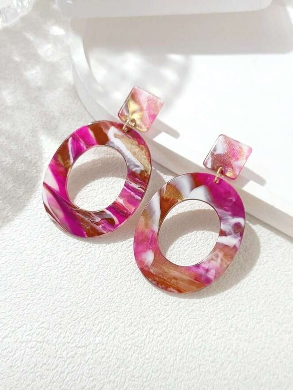 Pink Marbled Oval Drop Earrings - Lightweight Statement Jewelry